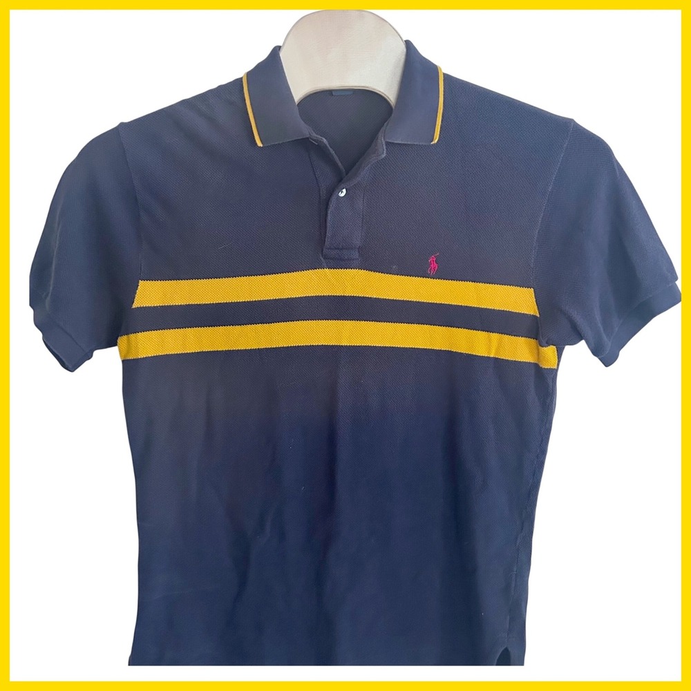 Polo Ralph Lauren Mens Navy Blue Yellow Striped Pique Polo Shirt Pink Pony Sz. M